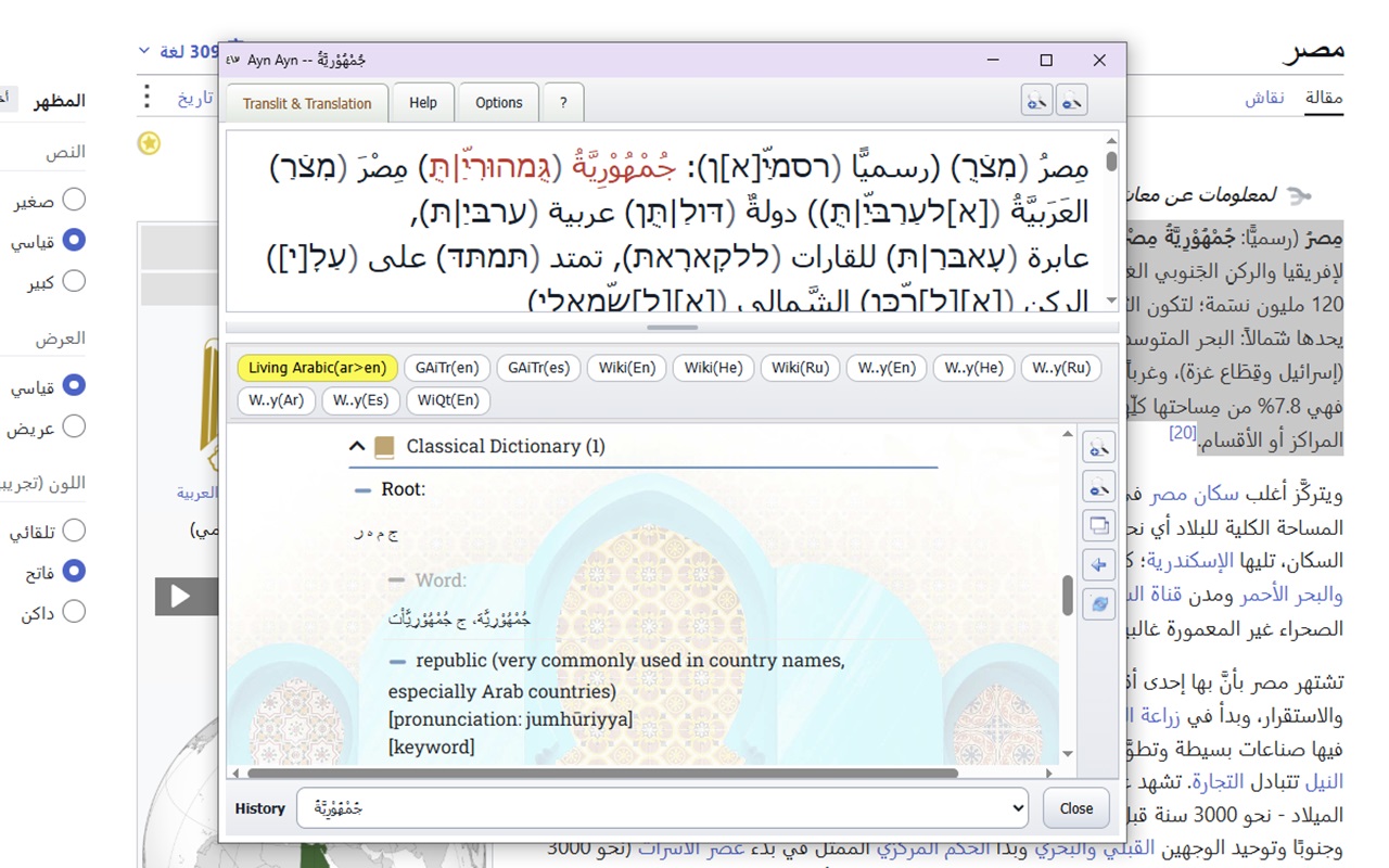 AynAyn result window showing Arabic text about Egypt, Hebrew transliteration, word chips, and lookup-source tabs